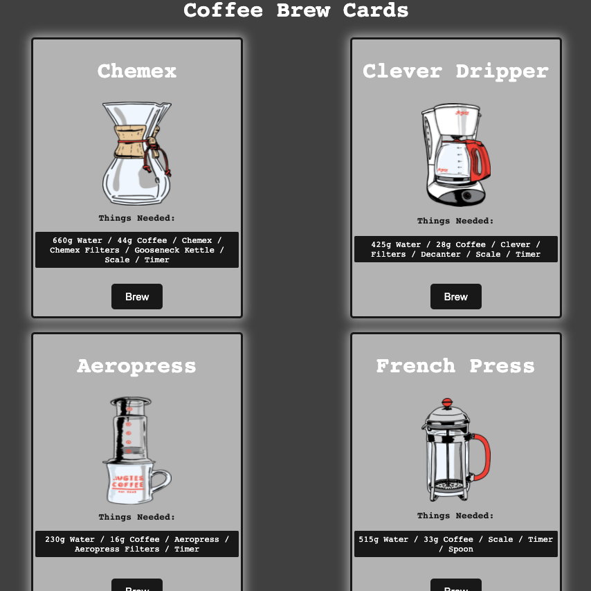 coffee brew cards landing page