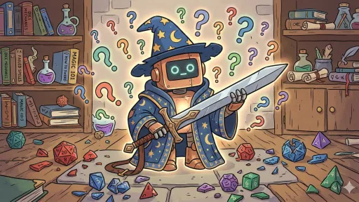 cute and confused robot in robes