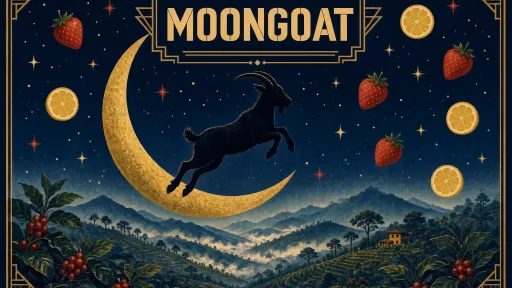 Art deco illustration of a goat head with crescent moons, Moon Goat Coffee Roasters artwork