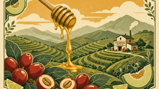 Mid-century-modern style illustration of a honey dipper dripping honey over highland coffee terraces, with Pacamara coffee cherries, honeydew melon and lime in the border.