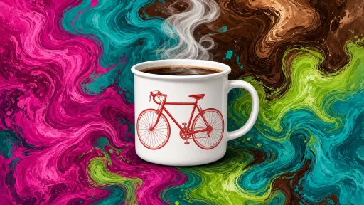 Generated art of a white mug with a red roadster bicycle against a colorful marbled-ink swirl, representing Huckleberry Roasters Amigos coffee.