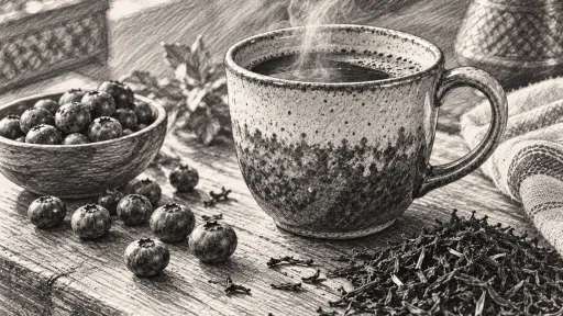 Pencil-sketch style drawing of a coffee mug with blueberries and tea leaves